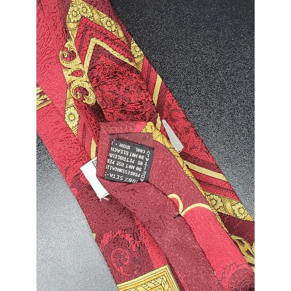 Vintage 1990s Gianni Versace Tie Red Gold Baroque Geometric Silk Italy